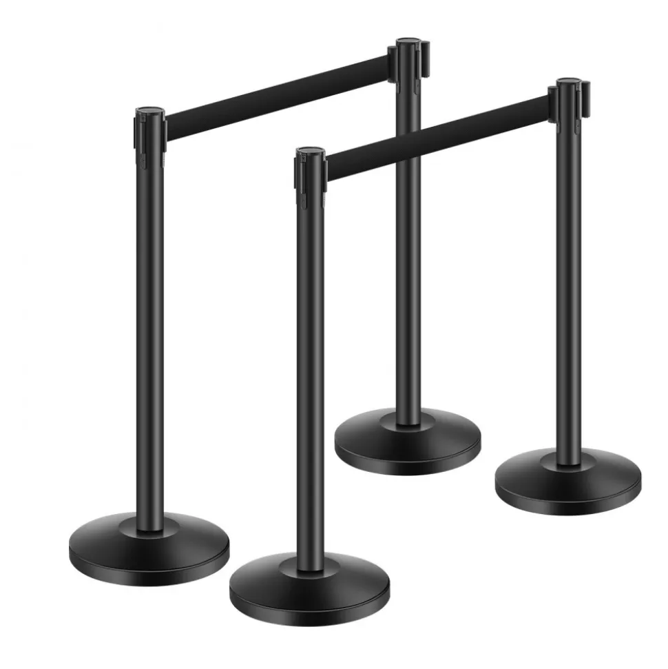 VEVOR Stanchion Post, 4 Pcs Stanchions with Retractable Belts, Carbon Steel Black Stanchions Queue with Sand Injection Hollow Base, Crowd Control Barriers for Theaters, Parties, Weddings, Exhibitions