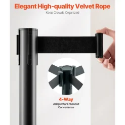 VEVOR Stanchion Post, 4 Pcs Stanchions with Retractable Belts, Carbon Steel Black Stanchions Queue with Sand Injection Hollow Base, Crowd Control Barriers for Theaters, Parties, Weddings, Exhibitions