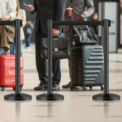 VEVOR Stanchion Post, 4 Pcs Stanchions with Retractable Belts, Carbon Steel Black Stanchions Queue with Sand Injection Hollow Base, Crowd Control Barriers for Theaters, Parties, Weddings, Exhibitions
