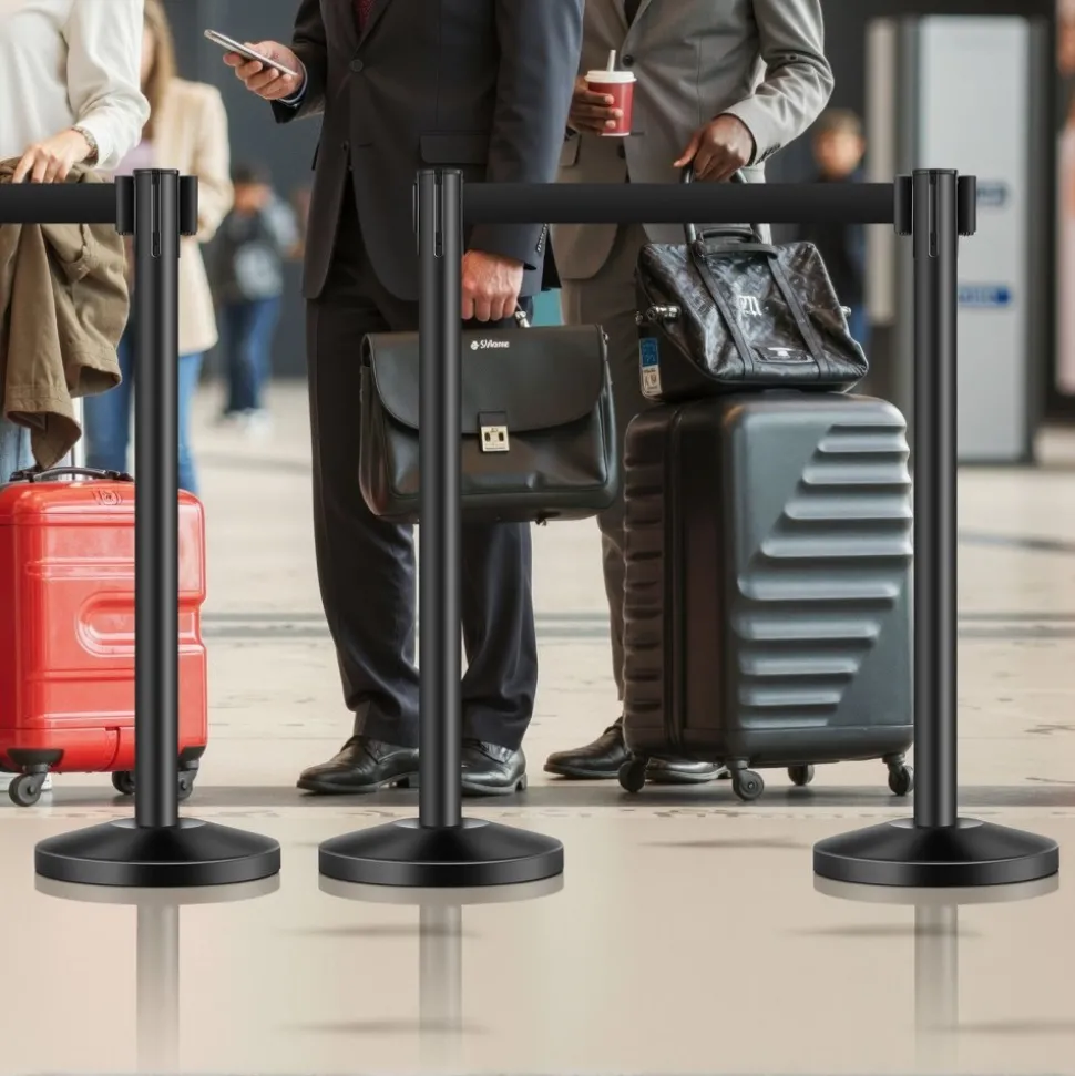 VEVOR Stanchion Post, 4 Pcs Stanchions with Retractable Belts, Carbon Steel Black Stanchions Queue with Sand Injection Hollow Base, Crowd Control Barriers for Theaters, Parties, Weddings, Exhibitions