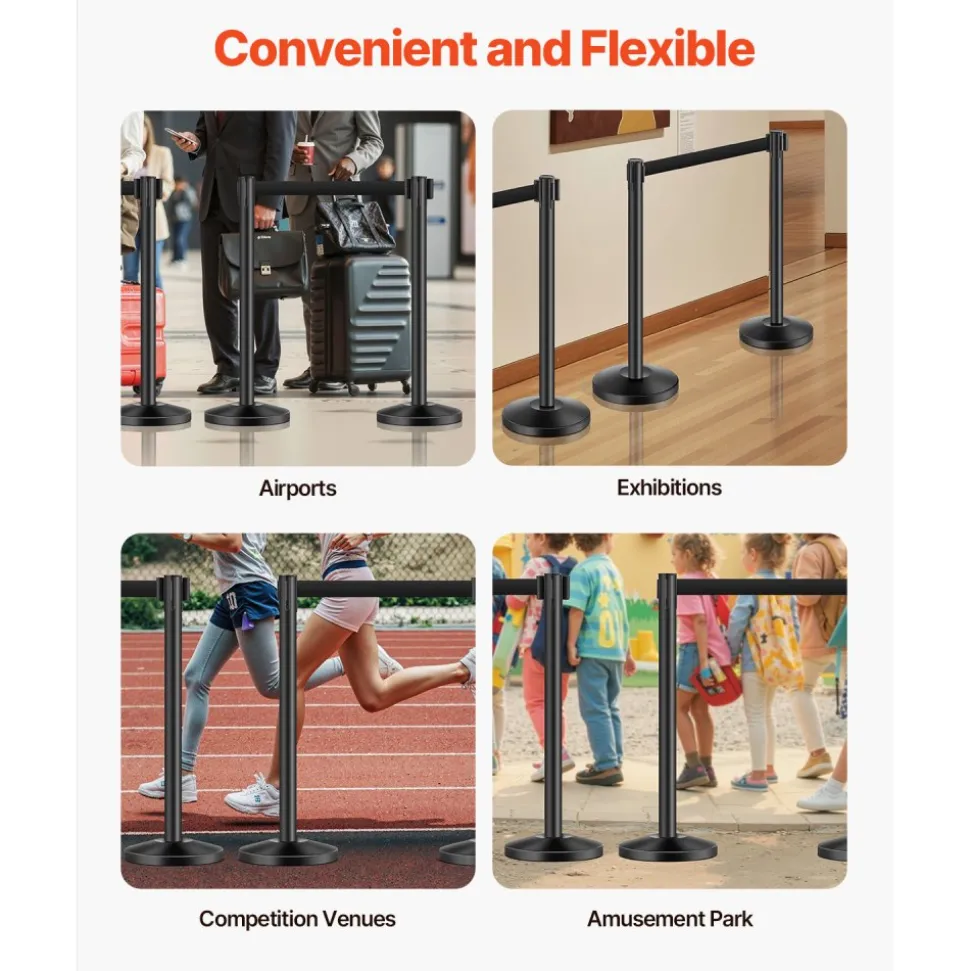 VEVOR Stanchion Post, 4 Pcs Stanchions with Retractable Belts, Carbon Steel Black Stanchions Queue with Sand Injection Hollow Base, Crowd Control Barriers for Theaters, Parties, Weddings, Exhibitions