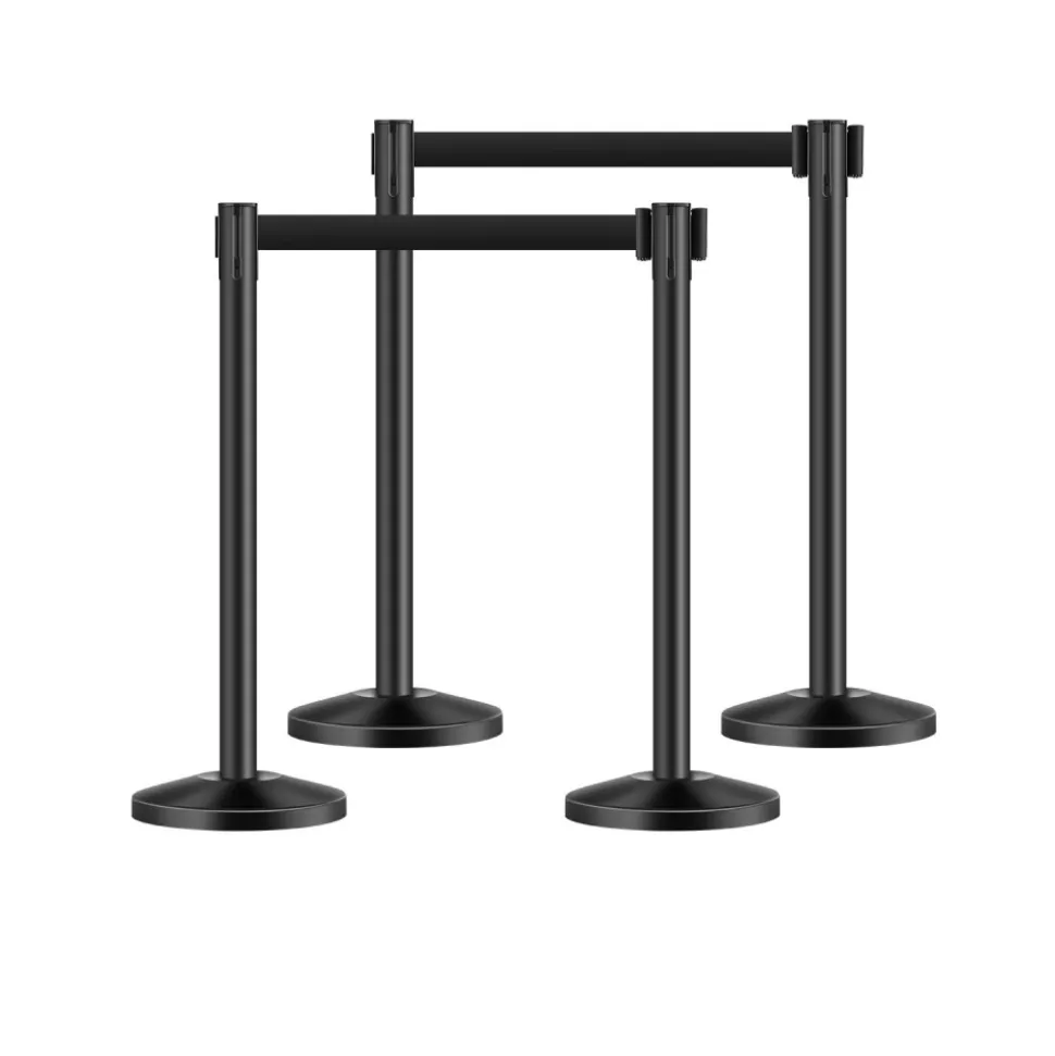 VEVOR Stanchion Post, 4 Pcs Stanchions with Retractable Belts, Carbon Steel Black Stanchions Queue with Sand Injection Hollow Base, Crowd Control Barriers for Theaters, Parties, Weddings, Exhibitions