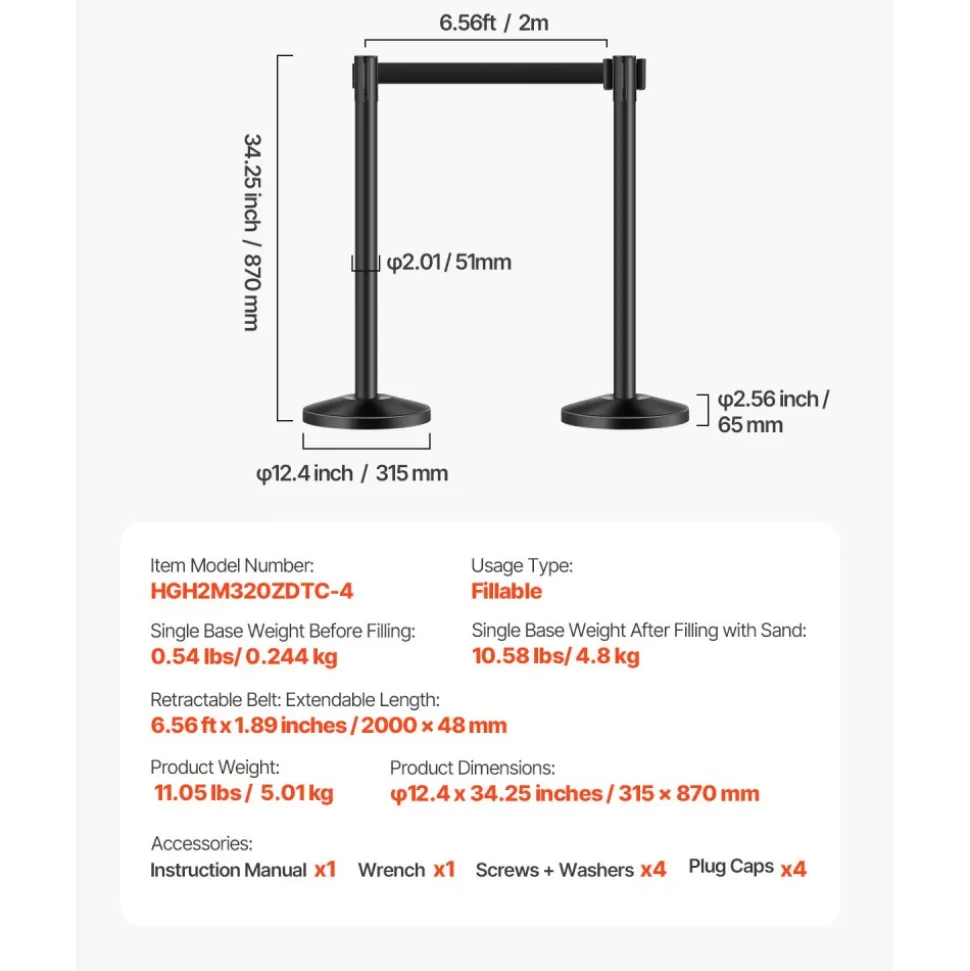 VEVOR Stanchion Post, 4 Pcs Stanchions with Retractable Belts, Carbon Steel Black Stanchions Queue with Sand Injection Hollow Base, Crowd Control Barriers for Theaters, Parties, Weddings, Exhibitions
