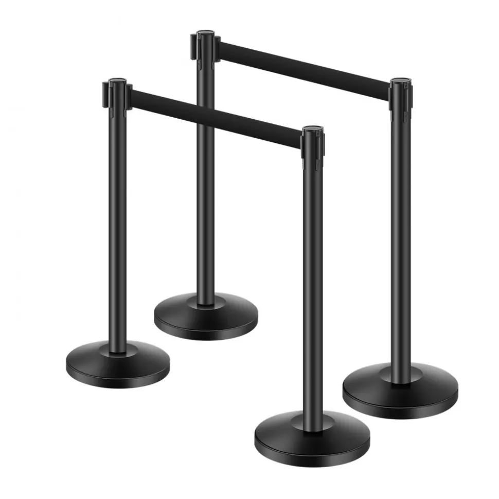 VEVOR Stanchion Post, 4 Pcs Stanchions with Retractable Belts, Carbon Steel Black Stanchions Queue with Sand Injection Hollow Base, Crowd Control Barriers for Theaters, Parties, Weddings, Exhibitions