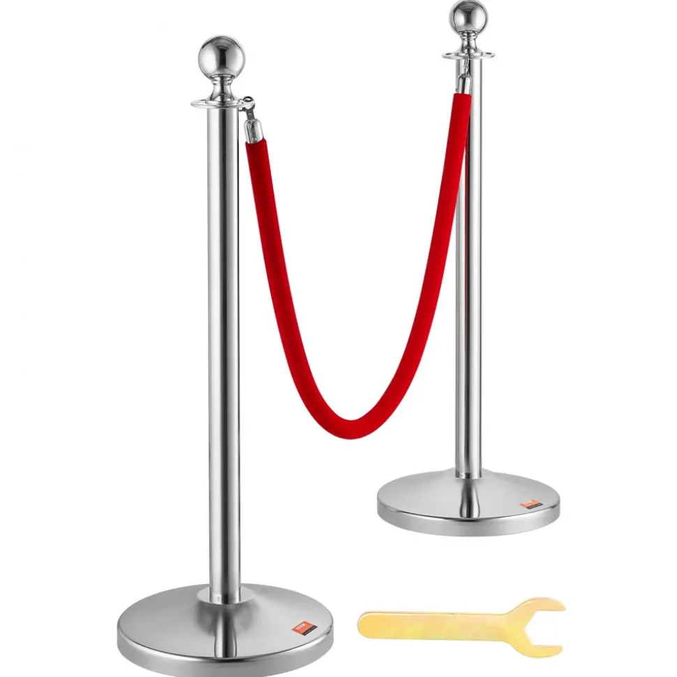 VEVOR Stanchion Post with Velvet Rope, 4-Pack Crowd Control Stanchion with 2PCS 5FT Red Velvet Ropes, Stainless Steel Queue Barrier Line Divider with Fillable Plastic Base, Ball Top for Wedding Museum