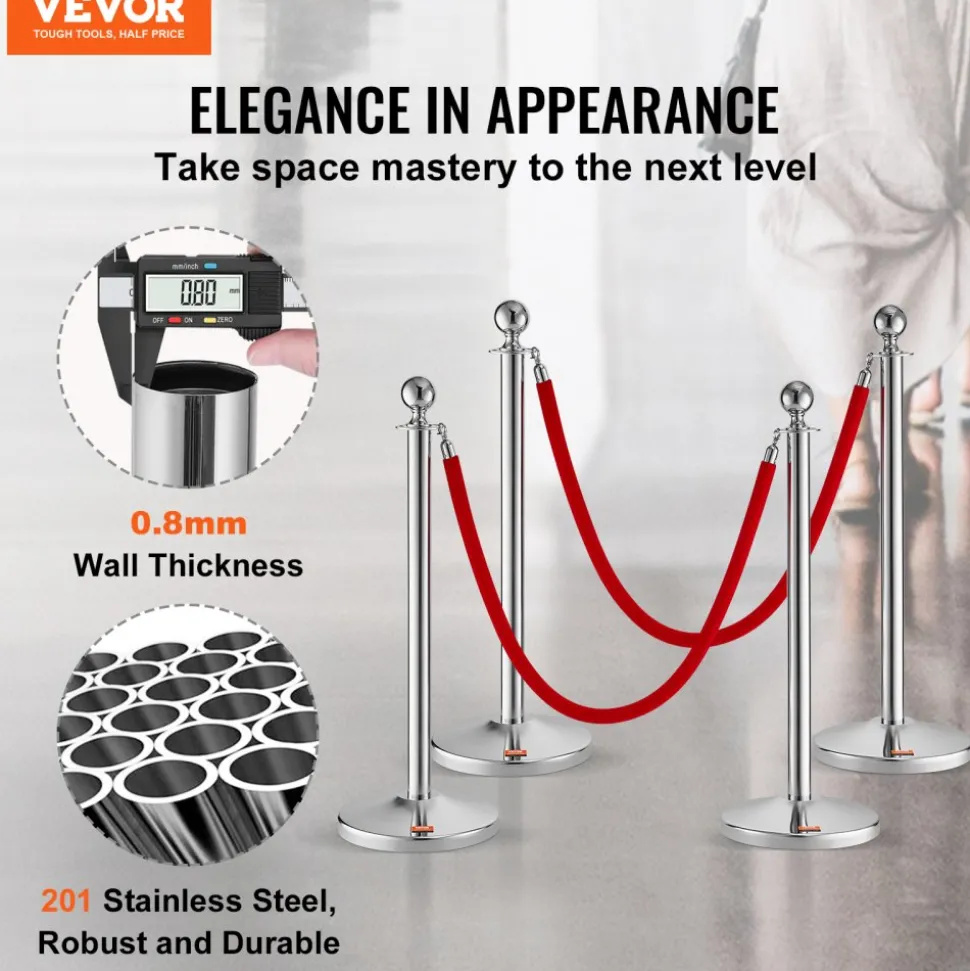 VEVOR Stanchion Post with Velvet Rope, 4-Pack Crowd Control Stanchion with 2PCS 5FT Red Velvet Ropes, Stainless Steel Queue Barrier Line Divider with Fillable Plastic Base, Ball Top for Wedding Museum