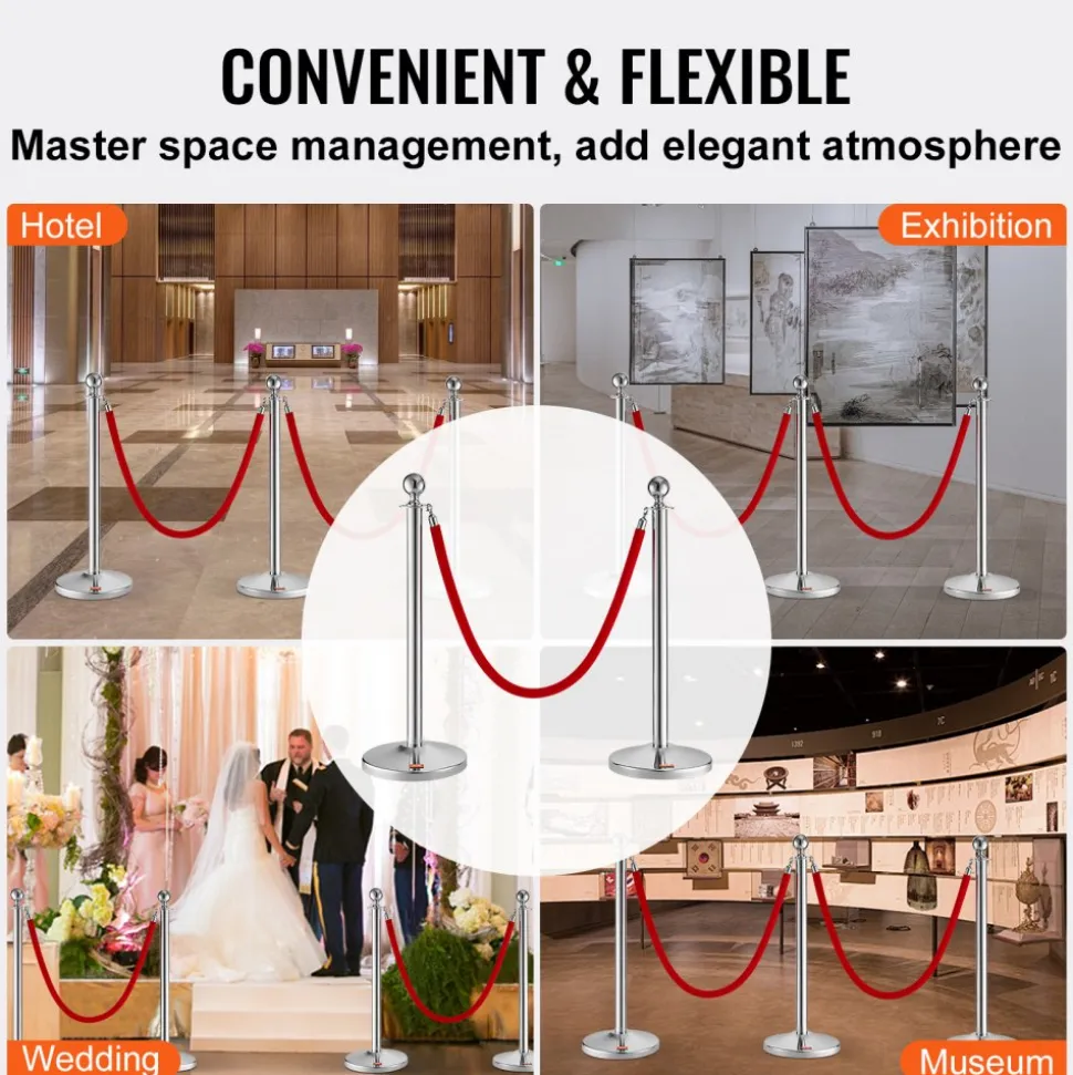 VEVOR Stanchion Post with Velvet Rope, 4-Pack Crowd Control Stanchion with 2PCS 5FT Red Velvet Ropes, Stainless Steel Queue Barrier Line Divider with Fillable Plastic Base, Ball Top for Wedding Museum