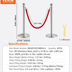 VEVOR Stanchion Post with Velvet Rope, 4-Pack Crowd Control Stanchion with 2PCS 5FT Red Velvet Ropes, Stainless Steel Queue Barrier Line Divider with Fillable Plastic Base, Ball Top for Wedding Museum