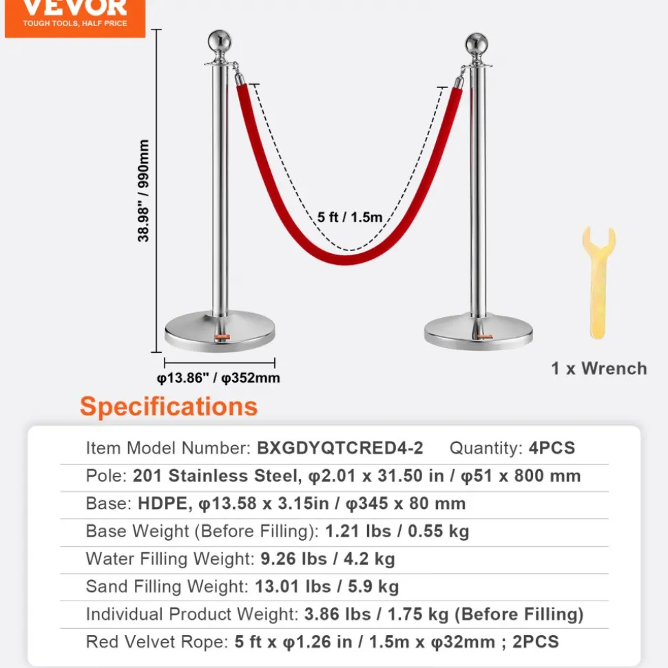 VEVOR Stanchion Post with Velvet Rope, 4-Pack Crowd Control Stanchion with 2PCS 5FT Red Velvet Ropes, Stainless Steel Queue Barrier Line Divider with Fillable Plastic Base, Ball Top for Wedding Museum