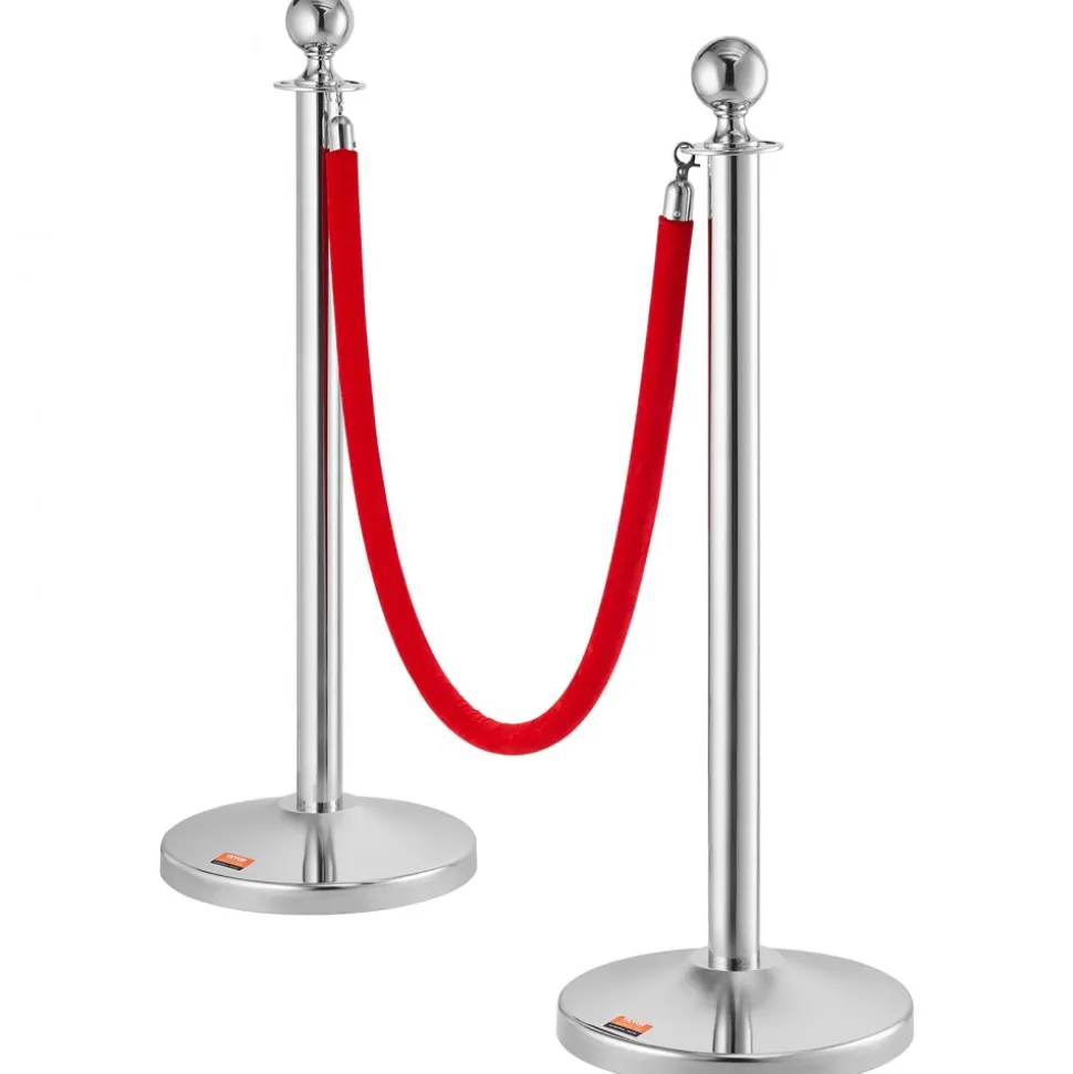 VEVOR Stanchion Post with Velvet Rope, 4-Pack Crowd Control Stanchion with 2PCS 5FT Red Velvet Ropes, Stainless Steel Queue Barrier Line Divider with Fillable Plastic Base, Ball Top for Wedding Museum