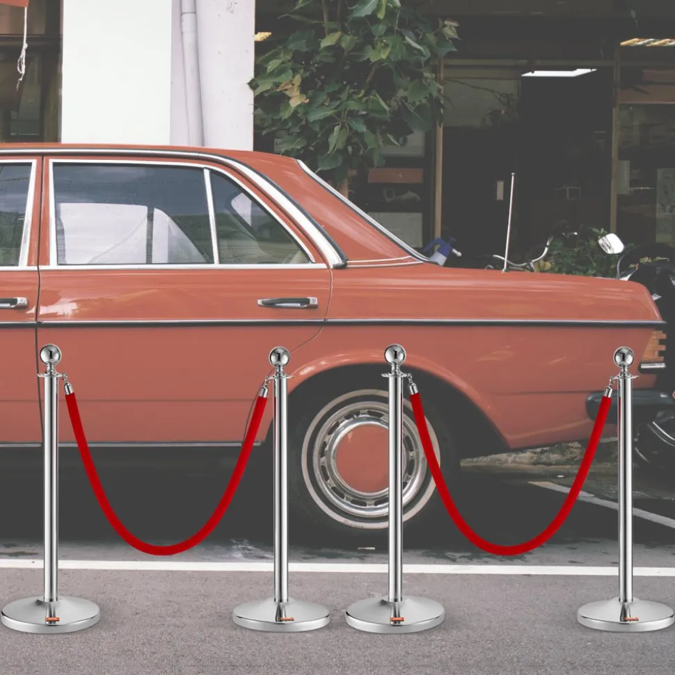 VEVOR Stanchion Post with Velvet Rope, 4-Pack Crowd Control Stanchion with 2PCS 5FT Red Velvet Ropes, Stainless Steel Queue Barrier Line Divider with Fillable Plastic Base, Ball Top for Wedding Museum