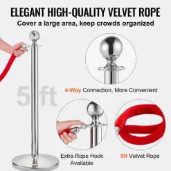 VEVOR Stanchion Post with Velvet Rope, 4-Pack Crowd Control Stanchion with 2PCS 5FT Red Velvet Ropes, Stainless Steel Queue Barrier Line Divider with Fillable Plastic Base, Ball Top for Wedding Museum