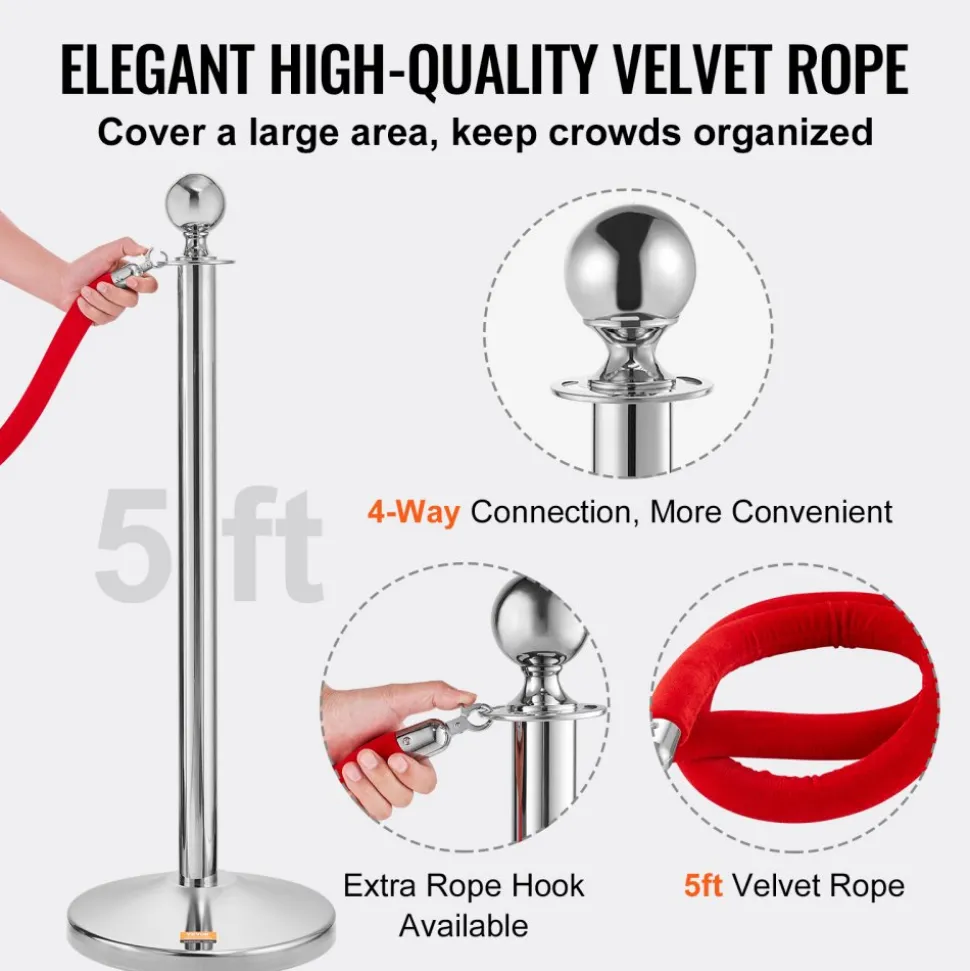 VEVOR Stanchion Post with Velvet Rope, 4-Pack Crowd Control Stanchion with 2PCS 5FT Red Velvet Ropes, Stainless Steel Queue Barrier Line Divider with Fillable Plastic Base, Ball Top for Wedding Museum