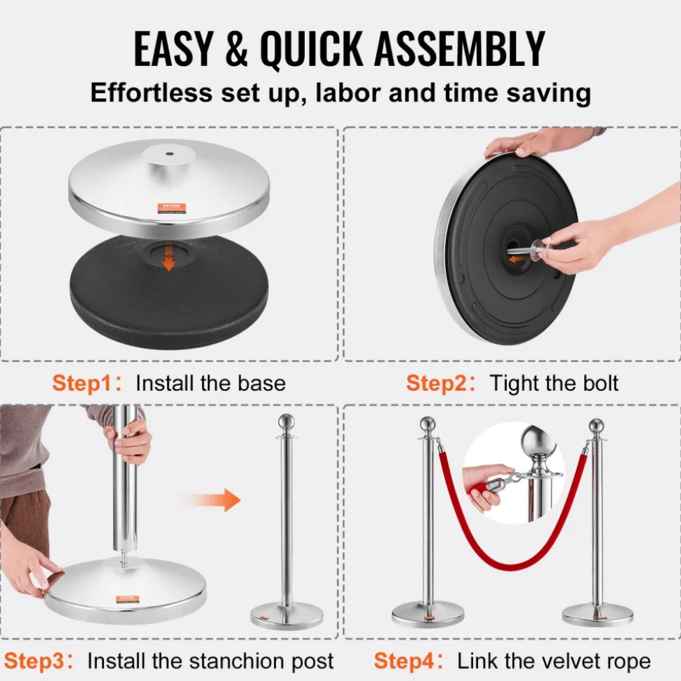 VEVOR Stanchion Post with Velvet Rope, 4-Pack Crowd Control Stanchion with 2PCS 5FT Red Velvet Ropes, Stainless Steel Queue Barrier Line Divider with Fillable Plastic Base, Ball Top for Wedding Museum