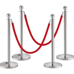 VEVOR Stanchion Post with Velvet Rope, 4-Pack Crowd Control Stanchion with 2PCS 5FT Red Velvet Ropes, Stainless Steel Queue Barrier Line Divider with Fillable Plastic Base, Ball Top for Wedding Museum