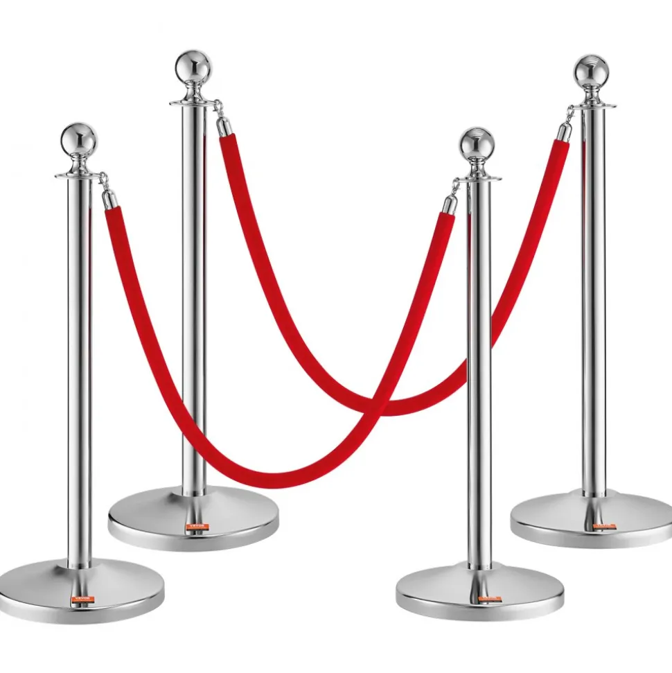 VEVOR Stanchion Post with Velvet Rope, 4-Pack Crowd Control Stanchion with 2PCS 5FT Red Velvet Ropes, Stainless Steel Queue Barrier Line Divider with Fillable Plastic Base, Ball Top for Wedding Museum