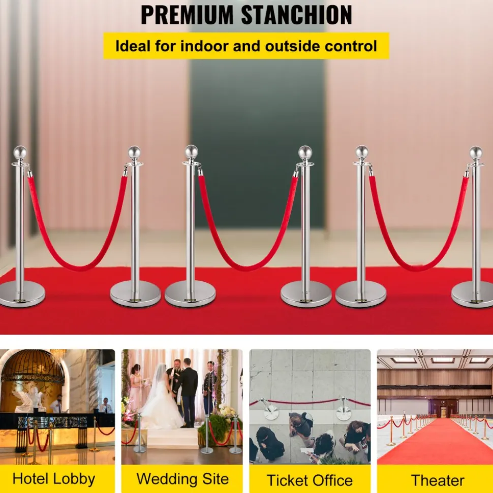VEVOR Stanchion Post with Velvet Ropes, 6-Pack Crowd Control Stanchion with 3PCS 5FT Red Velvet Ropes, Stainless Steel Queue Barrier Line Divider with Ball Top for Events, Museums, Parties