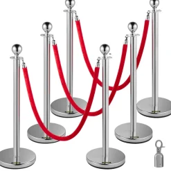 VEVOR Stanchion Post with Velvet Ropes, 6-Pack Crowd Control Stanchion with 3PCS 5FT Red Velvet Ropes, Stainless Steel Queue Barrier Line Divider with Ball Top for Events, Museums, Parties