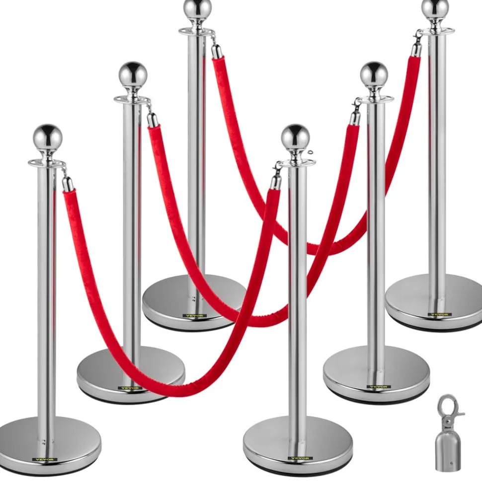 VEVOR Stanchion Post with Velvet Ropes, 6-Pack Crowd Control Stanchion with 3PCS 5FT Red Velvet Ropes, Stainless Steel Queue Barrier Line Divider with Ball Top for Events, Museums, Parties