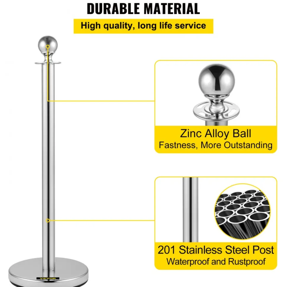 VEVOR Stanchion Post with Velvet Ropes, 6-Pack Crowd Control Stanchion with 3PCS 5FT Red Velvet Ropes, Stainless Steel Queue Barrier Line Divider with Ball Top for Events, Museums, Parties