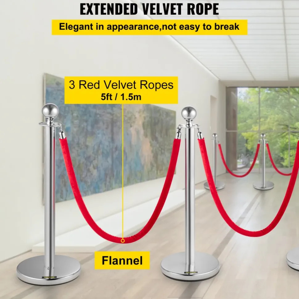 VEVOR Stanchion Post with Velvet Ropes, 6-Pack Crowd Control Stanchion with 3PCS 5FT Red Velvet Ropes, Stainless Steel Queue Barrier Line Divider with Ball Top for Events, Museums, Parties