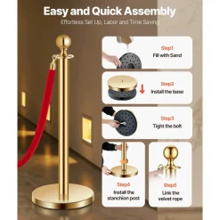 VEVOR Stanchions and Velvet Ropes 6Pcs, Hollow Base with Stainless Steel Post, 4 Red Velvet Ropes and Posts, Crowd Control Barriers Gold Stanchions, Red Carpet Runner Poles for Party Supplies