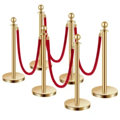 VEVOR Stanchions and Velvet Ropes 6Pcs, Hollow Base with Stainless Steel Post, 4 Red Velvet Ropes and Posts, Crowd Control Barriers Gold Stanchions, Red Carpet Runner Poles for Party Supplies