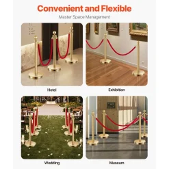 VEVOR Stanchions and Velvet Ropes 6Pcs, Hollow Base with Stainless Steel Post, 4 Red Velvet Ropes and Posts, Crowd Control Barriers Gold Stanchions, Red Carpet Runner Poles for Party Supplies