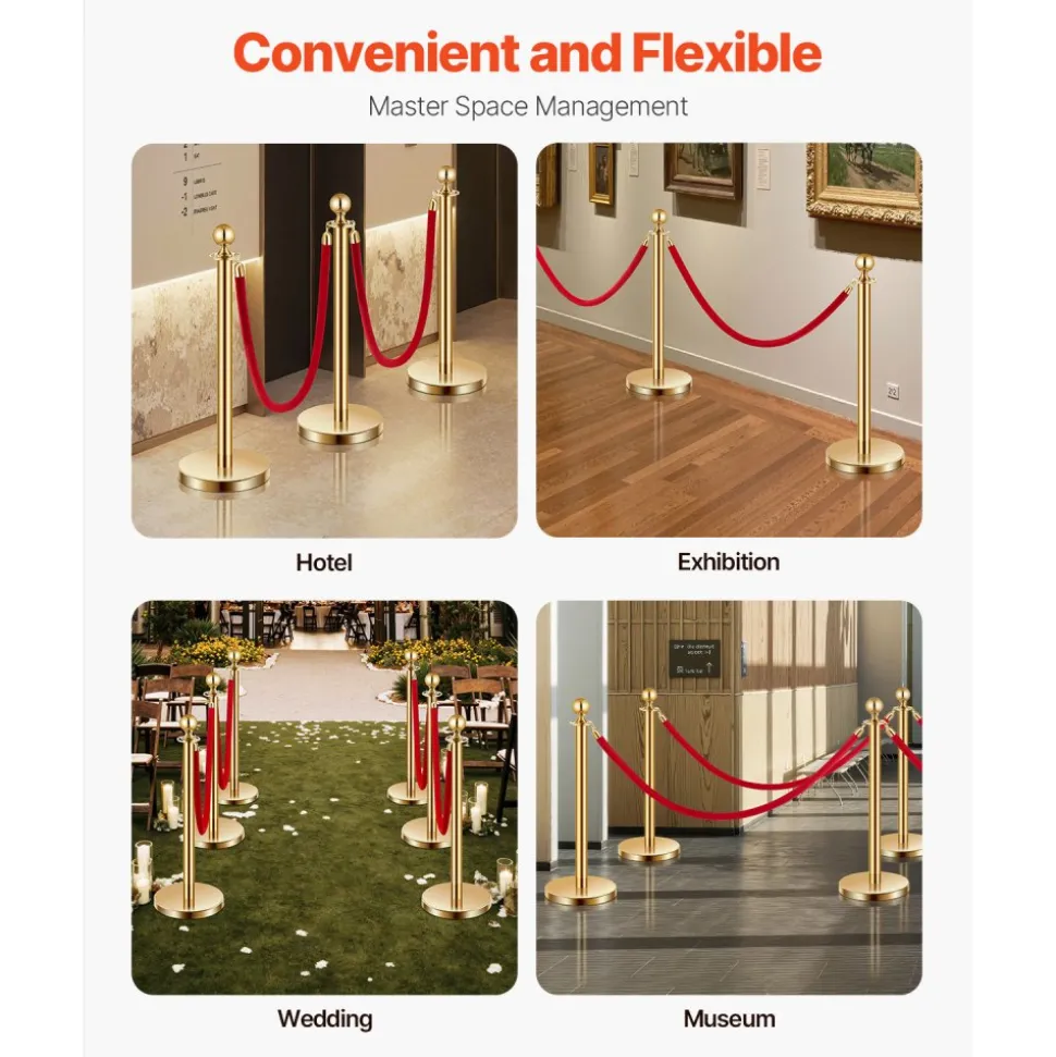 VEVOR Stanchions and Velvet Ropes 6Pcs, Hollow Base with Stainless Steel Post, 4 Red Velvet Ropes and Posts, Crowd Control Barriers Gold Stanchions, Red Carpet Runner Poles for Party Supplies