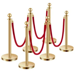 VEVOR Stanchions and Velvet Ropes 6Pcs, Hollow Base with Stainless Steel Post, 4 Red Velvet Ropes and Posts, Crowd Control Barriers Gold Stanchions, Red Carpet Runner Poles for Party Supplies