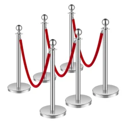 VEVOR Stanchions and Velvet Ropes 6Pcs, Hollow Base with Stainless Steel Post, 3 Red Velvet Ropes and Posts, Crowd Control Barriers Silver Stanchions, Red Carpet Runner Poles for Party Supplies
