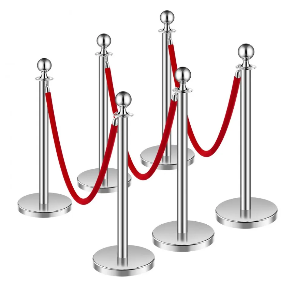 VEVOR Stanchions and Velvet Ropes 6Pcs, Hollow Base with Stainless Steel Post, 3 Red Velvet Ropes and Posts, Crowd Control Barriers Silver Stanchions, Red Carpet Runner Poles for Party Supplies
