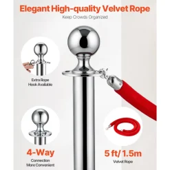 VEVOR Stanchions and Velvet Ropes 6Pcs, Hollow Base with Stainless Steel Post, 3 Red Velvet Ropes and Posts, Crowd Control Barriers Silver Stanchions, Red Carpet Runner Poles for Party Supplies