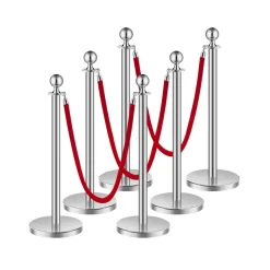 VEVOR Stanchions and Velvet Ropes 6Pcs, Hollow Base with Stainless Steel Post, 3 Red Velvet Ropes and Posts, Crowd Control Barriers Silver Stanchions, Red Carpet Runner Poles for Party Supplies