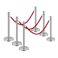 VEVOR Stanchions and Velvet Ropes 6Pcs, Hollow Base with Stainless Steel Post, 3 Red Velvet Ropes and Posts, Crowd Control Barriers Silver Stanchions, Red Carpet Runner Poles for Party Supplies