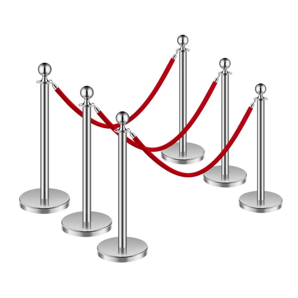 VEVOR Stanchions and Velvet Ropes 6Pcs, Hollow Base with Stainless Steel Post, 3 Red Velvet Ropes and Posts, Crowd Control Barriers Silver Stanchions, Red Carpet Runner Poles for Party Supplies
