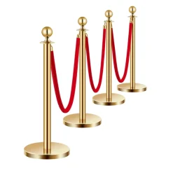 VEVOR Stanchions and Velvet Ropes 4Pcs, Hollow Base with Stainless Steel Post, 3 Red Velvet Ropes and Posts, Crowd Control Barriers Gold Stanchions, Red Carpet Runner Poles for Party Supplies