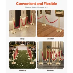 VEVOR Stanchions and Velvet Ropes 4Pcs, Hollow Base with Stainless Steel Post, 3 Red Velvet Ropes and Posts, Crowd Control Barriers Gold Stanchions, Red Carpet Runner Poles for Party Supplies