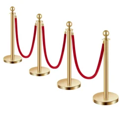 VEVOR Stanchions and Velvet Ropes 4Pcs, Hollow Base with Stainless Steel Post, 3 Red Velvet Ropes and Posts, Crowd Control Barriers Gold Stanchions, Red Carpet Runner Poles for Party Supplies