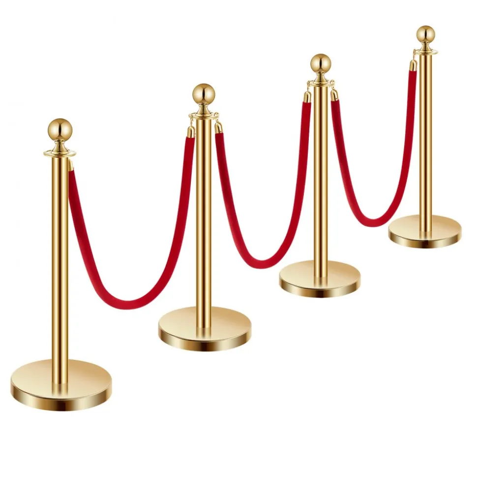 VEVOR Stanchions and Velvet Ropes 4Pcs, Hollow Base with Stainless Steel Post, 3 Red Velvet Ropes and Posts, Crowd Control Barriers Gold Stanchions, Red Carpet Runner Poles for Party Supplies