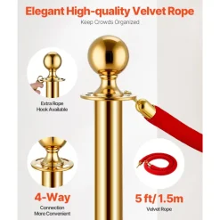 VEVOR Stanchions and Velvet Ropes 4Pcs, Hollow Base with Stainless Steel Post, 3 Red Velvet Ropes and Posts, Crowd Control Barriers Gold Stanchions, Red Carpet Runner Poles for Party Supplies