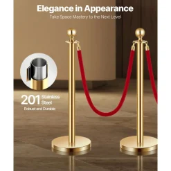 VEVOR Stanchions and Velvet Ropes 4Pcs, Hollow Base with Stainless Steel Post, 3 Red Velvet Ropes and Posts, Crowd Control Barriers Gold Stanchions, Red Carpet Runner Poles for Party Supplies