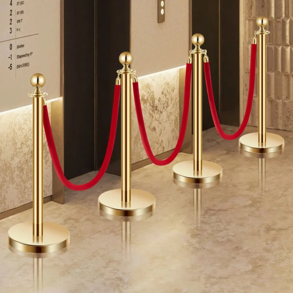 VEVOR Stanchions and Velvet Ropes 4Pcs, Hollow Base with Stainless Steel Post, 3 Red Velvet Ropes and Posts, Crowd Control Barriers Gold Stanchions, Red Carpet Runner Poles for Party Supplies