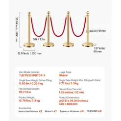 VEVOR Stanchions and Velvet Ropes 4Pcs, Hollow Base with Stainless Steel Post, 3 Red Velvet Ropes and Posts, Crowd Control Barriers Gold Stanchions, Red Carpet Runner Poles for Party Supplies