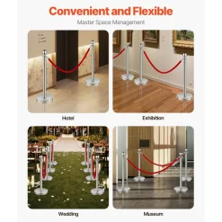 VEVOR Stanchions and Velvet Ropes 8Pcs, Hollow Base with Stainless Steel Post, 4 Red Velvet Ropes and Posts, Crowd Control Barriers Silver Stanchions, Red Carpet Runner Poles for Party Supplies
