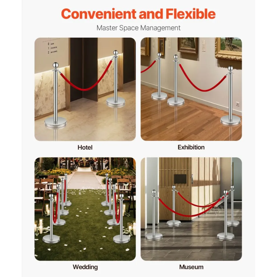 VEVOR Stanchions and Velvet Ropes 8Pcs, Hollow Base with Stainless Steel Post, 4 Red Velvet Ropes and Posts, Crowd Control Barriers Silver Stanchions, Red Carpet Runner Poles for Party Supplies