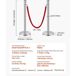 VEVOR Stanchions and Velvet Ropes 8Pcs, Hollow Base with Stainless Steel Post, 4 Red Velvet Ropes and Posts, Crowd Control Barriers Silver Stanchions, Red Carpet Runner Poles for Party Supplies