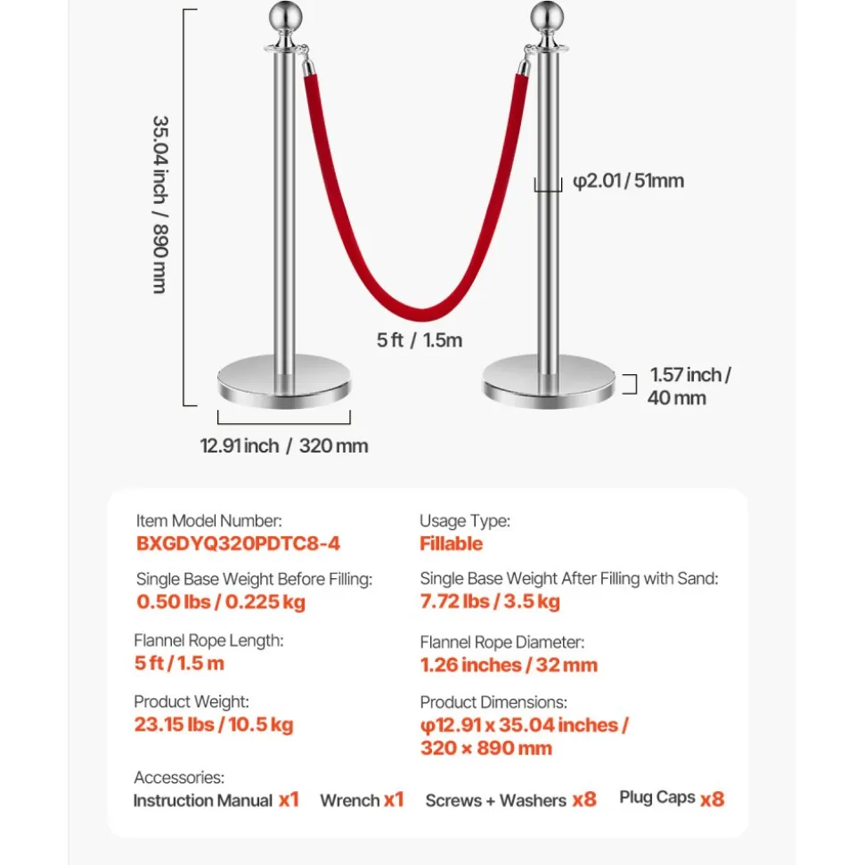 VEVOR Stanchions and Velvet Ropes 8Pcs, Hollow Base with Stainless Steel Post, 4 Red Velvet Ropes and Posts, Crowd Control Barriers Silver Stanchions, Red Carpet Runner Poles for Party Supplies