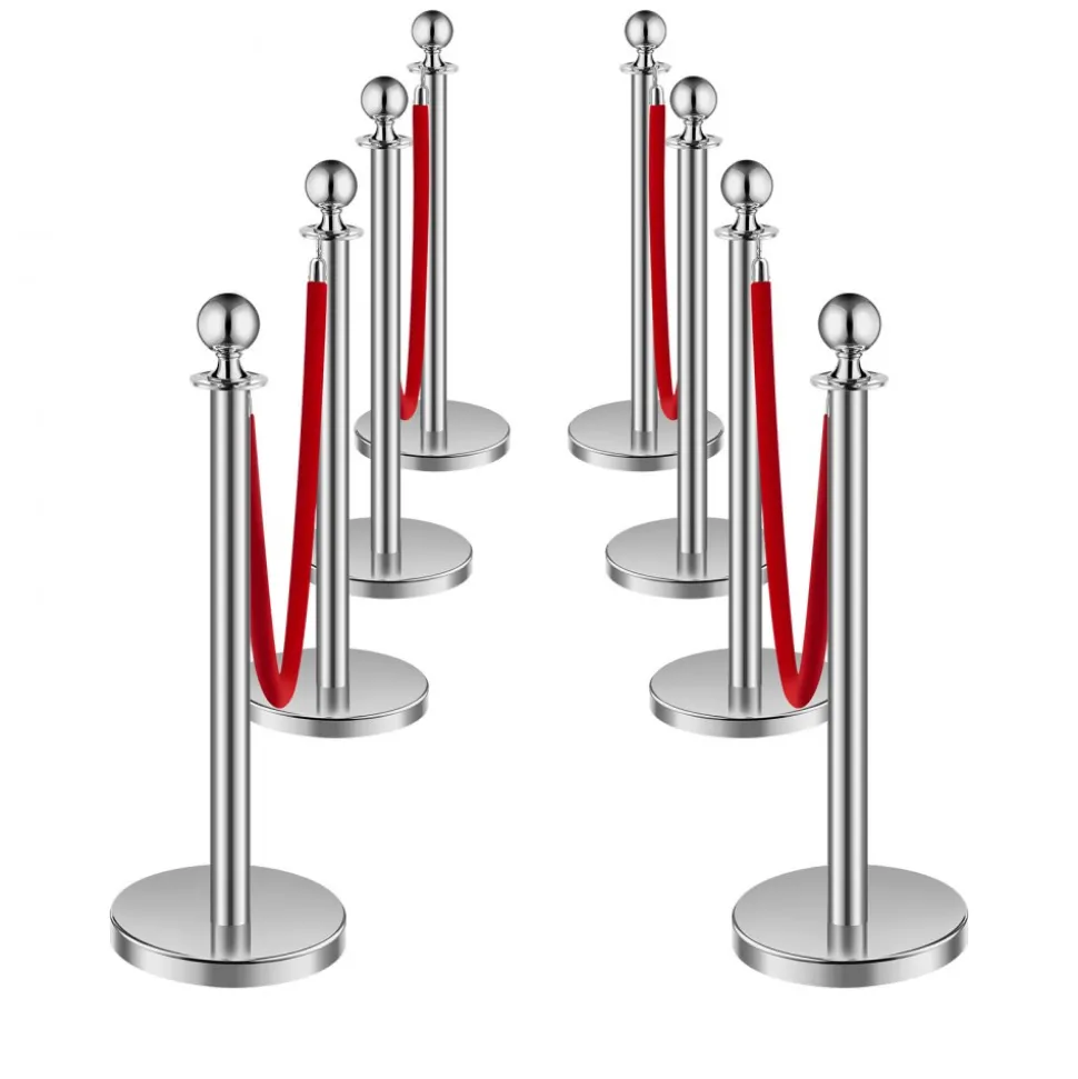 VEVOR Stanchions and Velvet Ropes 8Pcs, Hollow Base with Stainless Steel Post, 4 Red Velvet Ropes and Posts, Crowd Control Barriers Silver Stanchions, Red Carpet Runner Poles for Party Supplies