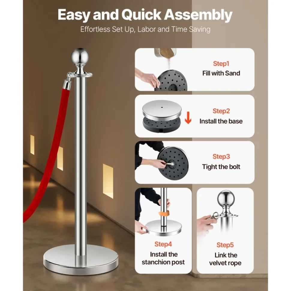 VEVOR Stanchions and Velvet Ropes 8Pcs, Hollow Base with Stainless Steel Post, 4 Red Velvet Ropes and Posts, Crowd Control Barriers Silver Stanchions, Red Carpet Runner Poles for Party Supplies